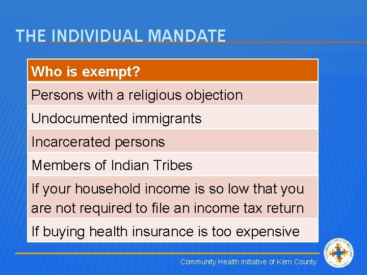 THE INDIVIDUAL MANDATE Who is exempt? Persons with a religious objection Undocumented immigrants Incarcerated