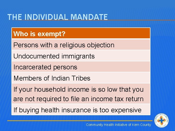 THE INDIVIDUAL MANDATE Who is exempt? Persons with a religious objection Undocumented immigrants Incarcerated