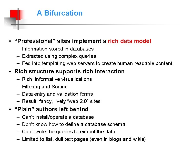 A Bifurcation • “Professional” sites implement a rich data model – Information stored in