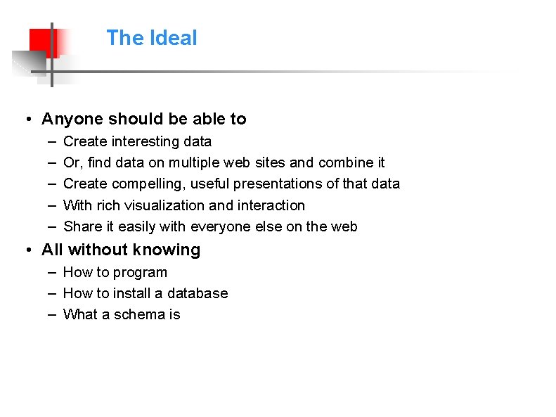 The Ideal • Anyone should be able to – – – Create interesting data