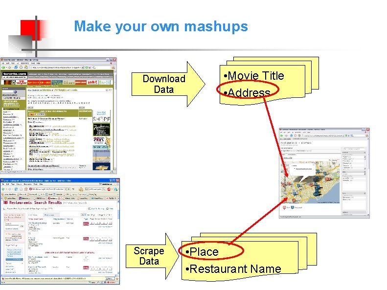 Make your own mashups Download Data Scrape Data • Movie Title • Address •