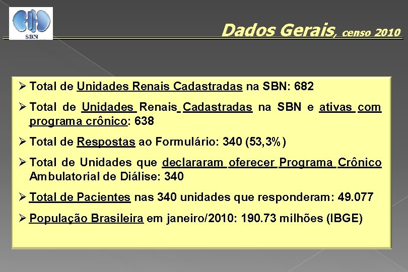 Dados Gerais, censo 2010 Ø Total de Unidades Renais Cadastradas na SBN: 682 Ø