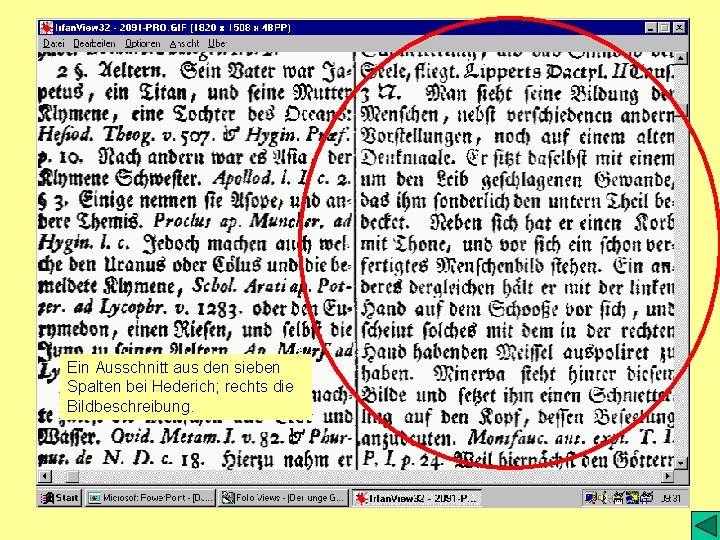 Ein Ausschnitt aus den sieben Spalten bei Hederich; rechts die Bildbeschreibung. 