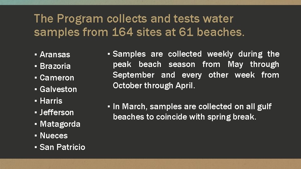 The Program collects and tests water samples from 164 sites at 61 beaches. ▪