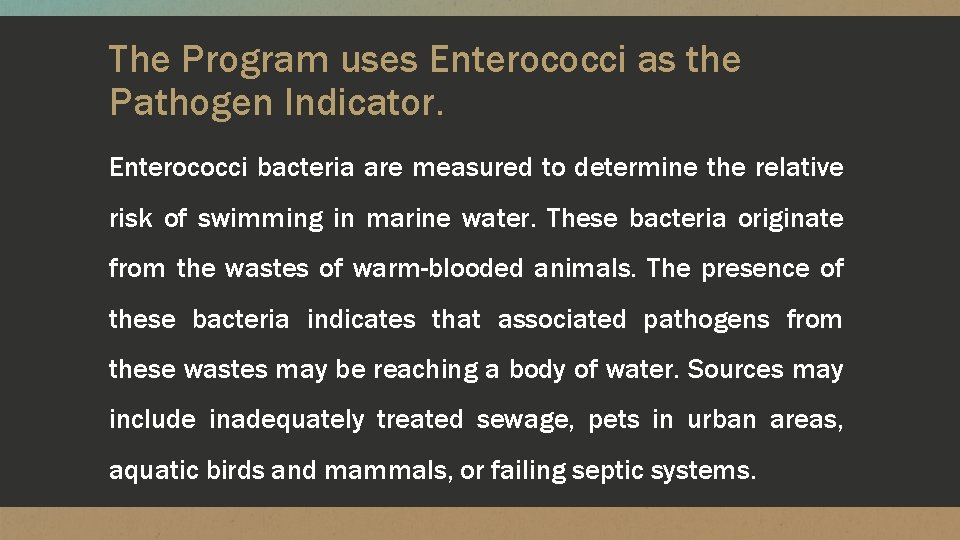 The Program uses Enterococci as the Pathogen Indicator. Enterococci bacteria are measured to determine