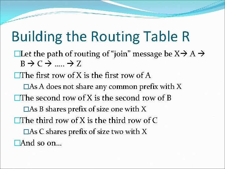 Building the Routing Table R �Let the path of routing of “join” message be