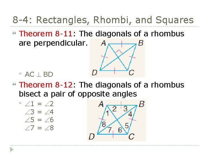 8 -4: Rectangles, Rhombi, and Squares Theorem 8 -11: The diagonals of a rhombus