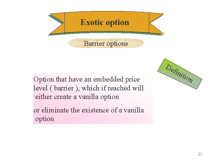 Exotic option Barrier options De Option that have an embedded price level ( barrier