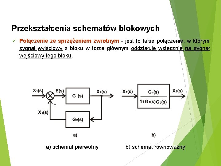 Przekształcenia schematów blokowych ü Połączenie ze sprzężeniem zwrotnym - jest to takie połączenie, w