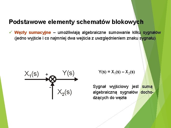 Podstawowe elementy schematów blokowych ü Węzły sumacyjne – umożliwiają algebraiczne sumowanie kilku sygnałów (jedno