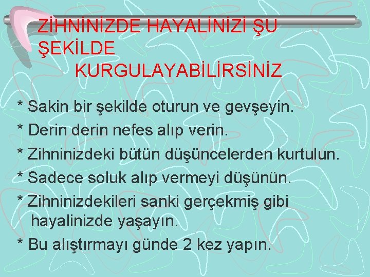 ZİHNİNİZDE HAYALİNİZİ ŞU ŞEKİLDE KURGULAYABİLİRSİNİZ * Sakin bir şekilde oturun ve gevşeyin. * Derin