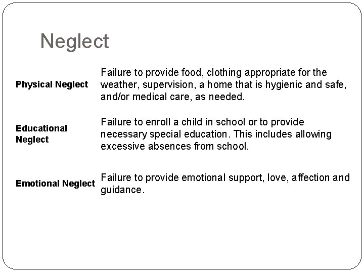 Neglect Physical Neglect Failure to provide food, clothing appropriate for the weather, supervision, a