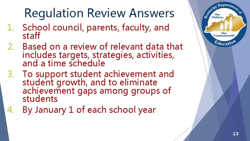 Regulation Review Answers 1. School council, parents, faculty, and staff 2. Based on a