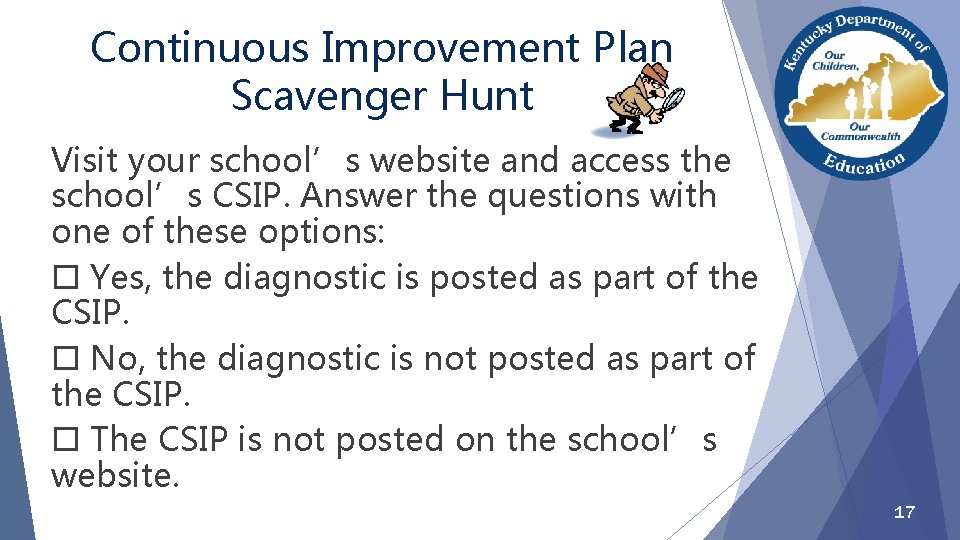 Continuous Improvement Plan Scavenger Hunt Visit your school’s website and access the school’s CSIP.