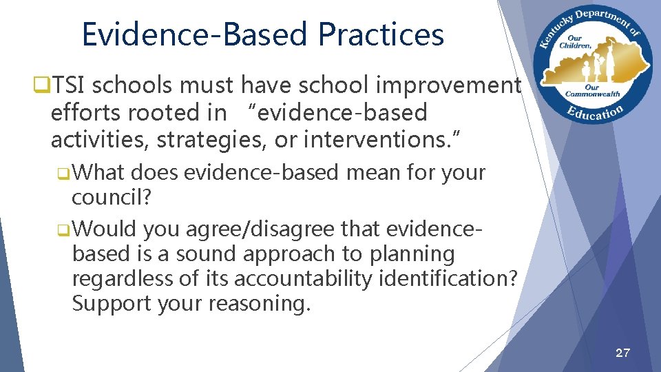 Evidence-Based Practices q. TSI schools must have school improvement efforts rooted in “evidence-based activities,