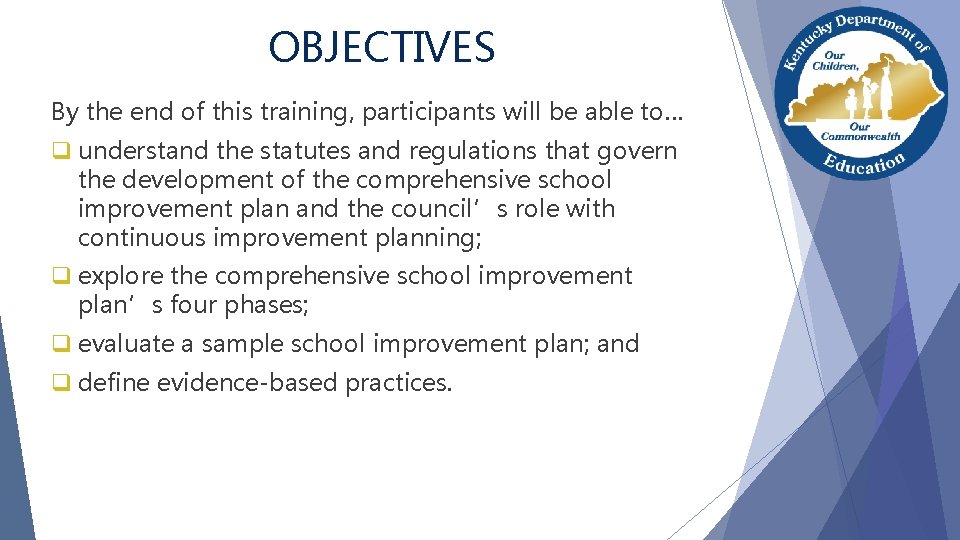 OBJECTIVES By the end of this training, participants will be able to… q understand