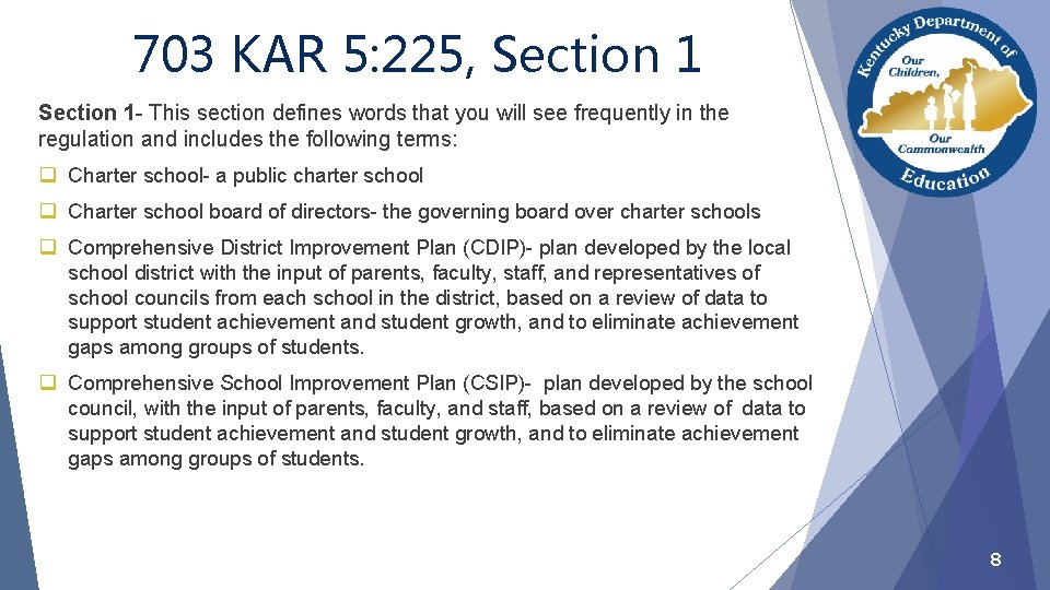 703 KAR 5: 225, Section 1 - This section defines words that you will