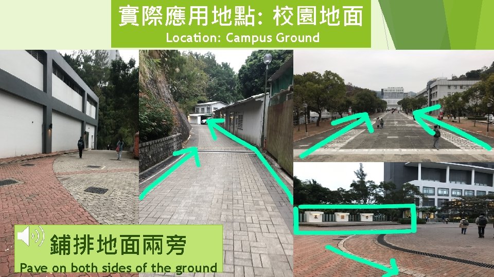 實際應用地點: 校園地面 Location: Campus Ground 鋪排地面兩旁 Pave on both sides of the ground 