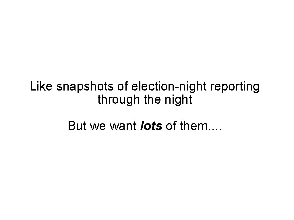 Like snapshots of election-night reporting through the night But we want lots of them.