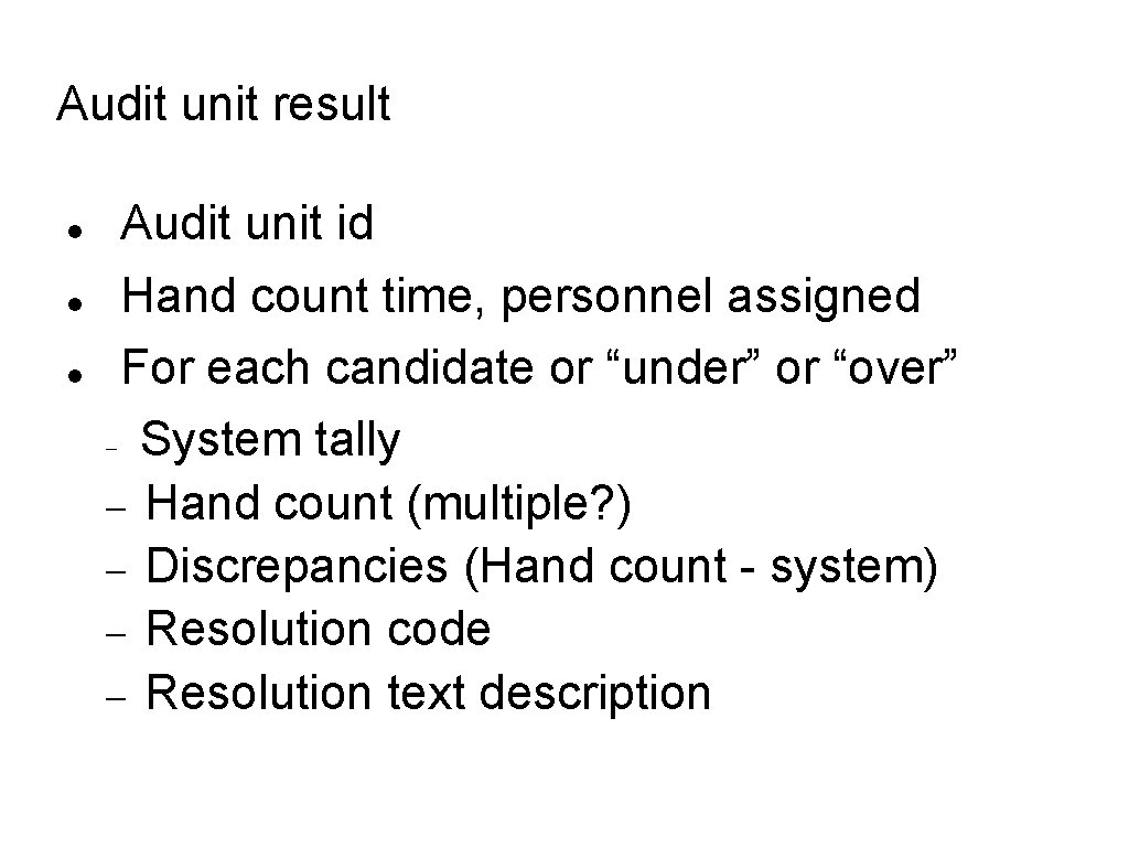 Audit unit result Audit unit id Hand count time, personnel assigned For each candidate