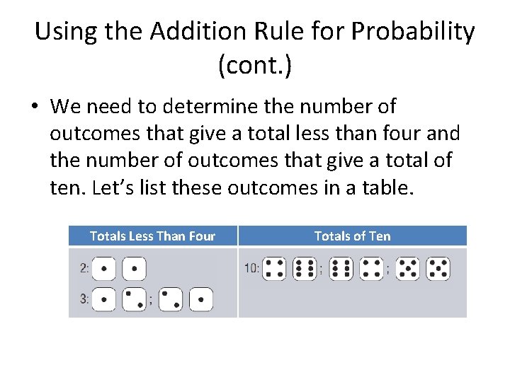 Using the Addition Rule for Probability (cont. ) • We need to determine the