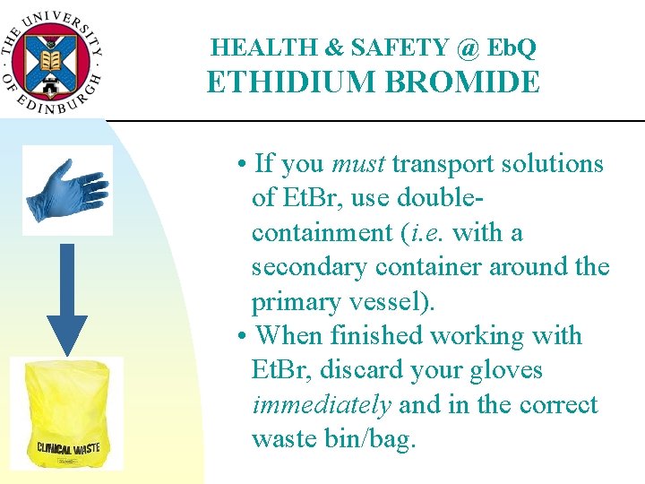 HEALTH & SAFETY @ Eb. Q ETHIDIUM BROMIDE • If you must transport solutions