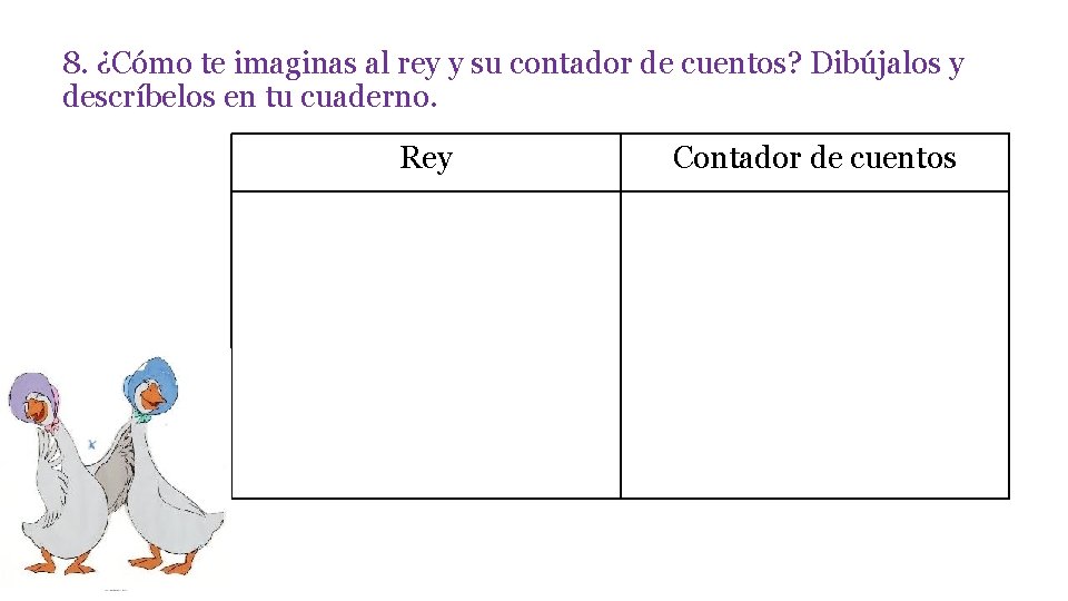 8. ¿Cómo te imaginas al rey y su contador de cuentos? Dibújalos y descríbelos