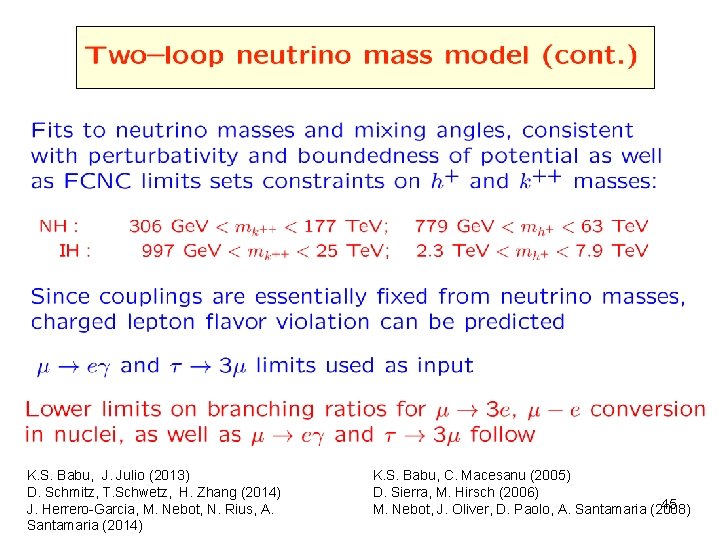 K. S. Babu, J. Julio (2013) D. Schmitz, T. Schwetz, H. Zhang (2014) J.