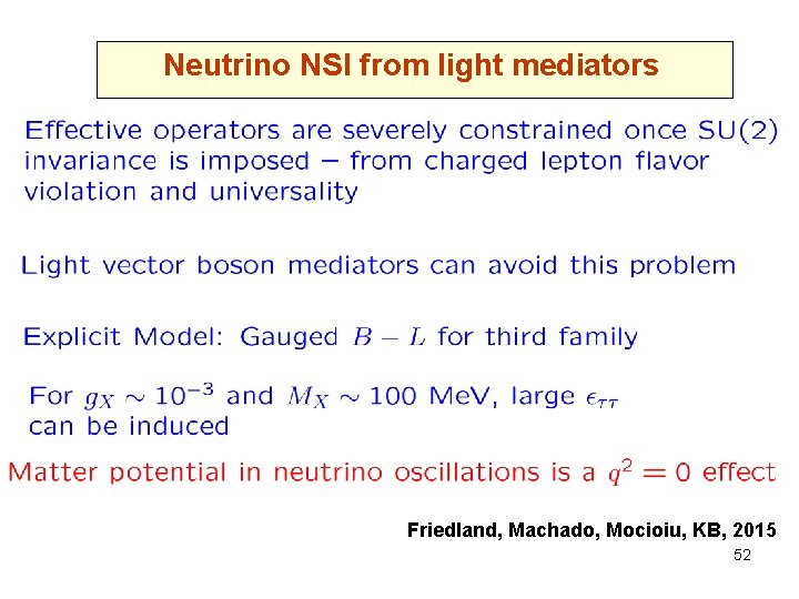 Neutrino NSI from light mediators Friedland, Machado, Mocioiu, KB, 2015 52 