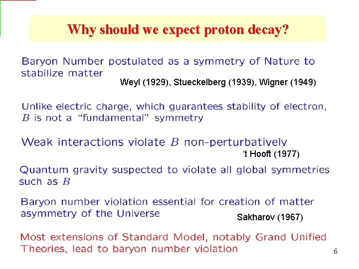 Why should we expect proton decay? Weyl (1929), Stueckelberg (1939), Wigner (1949) ‘t Hooft