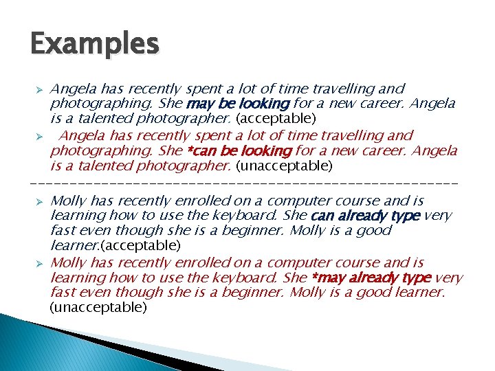 Examples Ø Ø Angela has recently spent a lot of time travelling and photographing.