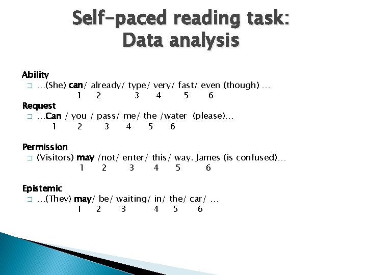Self-paced reading task: Data analysis Ability � …(She) can/ already/ type/ very/ fast/ even