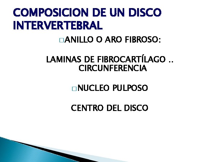 COMPOSICION DE UN DISCO INTERVERTEBRAL � ANILLO O ARO FIBROSO: LAMINAS DE FIBROCARTÍLAGO. .