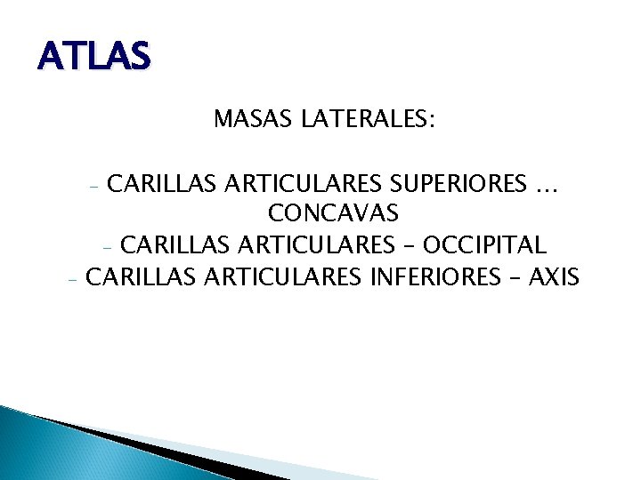 ATLAS MASAS LATERALES: CARILLAS ARTICULARES SUPERIORES … CONCAVAS - CARILLAS ARTICULARES – OCCIPITAL CARILLAS