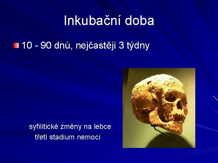 Inkubační doba 10 - 90 dnů, nejčastěji 3 týdny syfilitické změny na lebce třetí