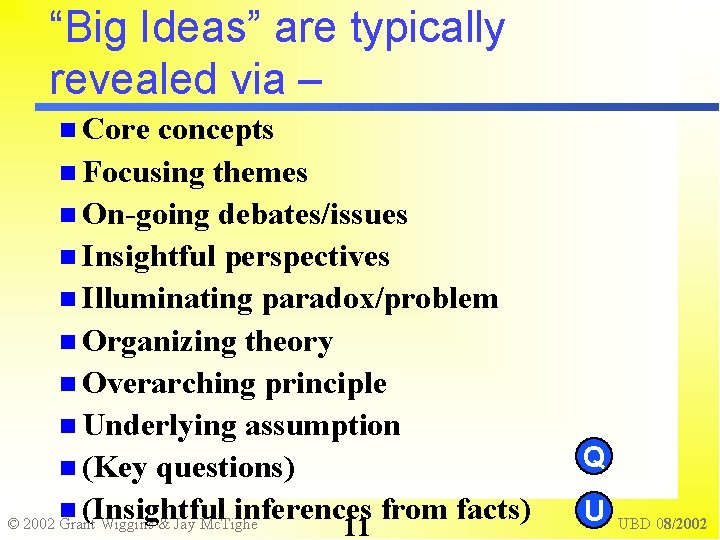 “Big Ideas” are typically revealed via – Core concepts Focusing themes On-going debates/issues Insightful