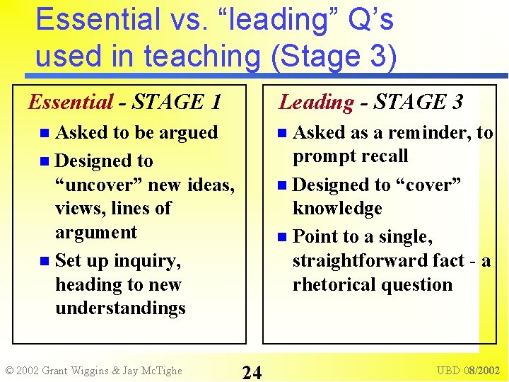 Essential vs. “leading” Q’s used in teaching (Stage 3) Essential - STAGE 1 Leading