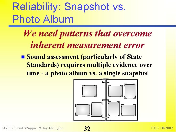 Reliability: Snapshot vs. Photo Album We need patterns that overcome inherent measurement error Sound