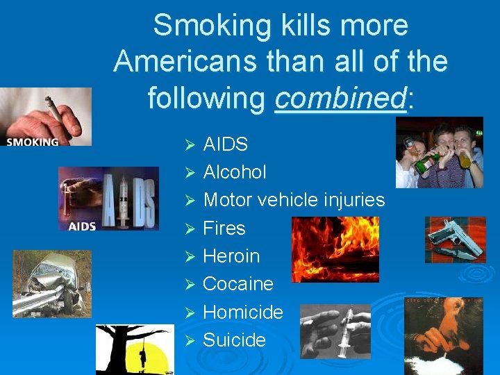 Smoking kills more Americans than all of the following combined: AIDS Ø Alcohol Ø