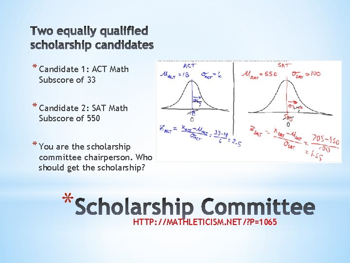 * Candidate 1: ACT Math Subscore of 33 * Candidate 2: SAT Math Subscore