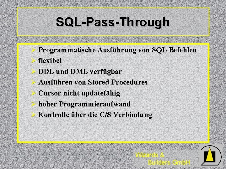SQL-Pass-Through Ø Programmatische Ausführung von SQL Befehlen Ø flexibel Ø DDL und DML verfügbar
