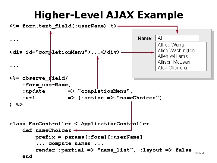 Higher-Level AJAX Example <%= form. text_field(: user. Name) %>. . . <div id="completion. Menu">.