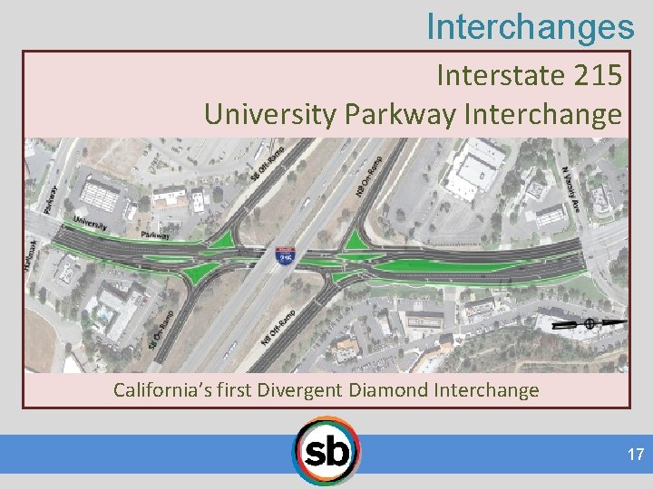 Interchanges Interstate 215 University Parkway Interchange California’s first Divergent Diamond Interchange 17 