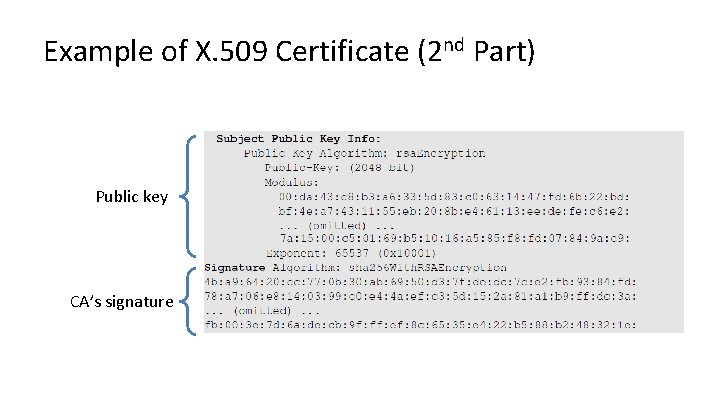 Example of X. 509 Certificate (2 nd Part) Public key CA’s signature 