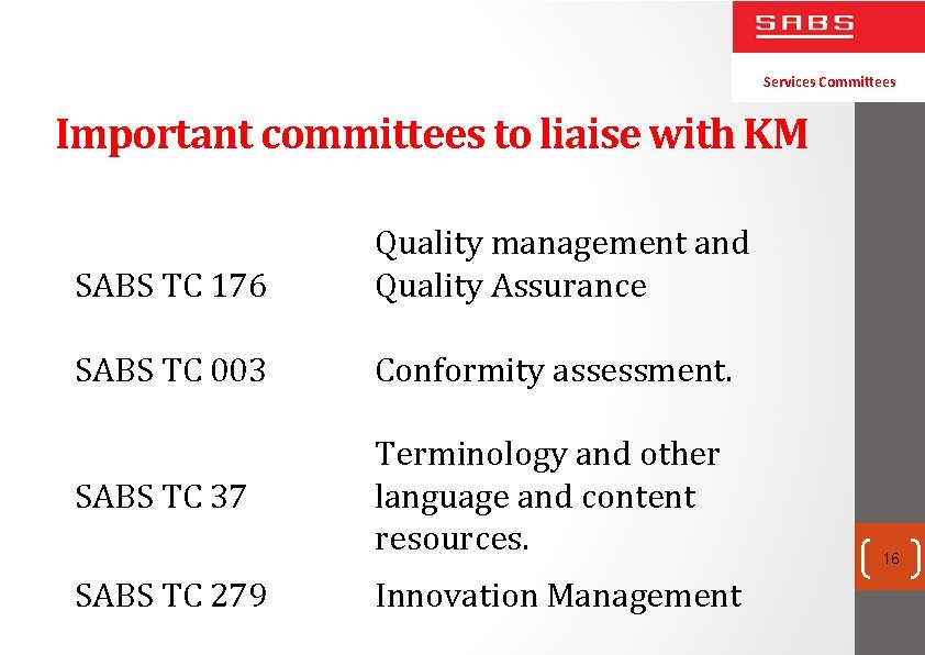 Services Committees Important committees to liaise with KM SABS TC 176 Quality management and