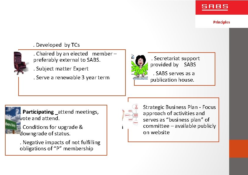 Principles . Developed by TCs . Chaired by an elected member – preferably external