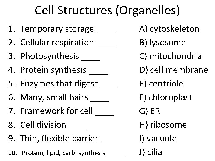 Cell Structures (Organelles) 1. 2. 3. 4. 5. 6. 7. 8. 9. Temporary storage