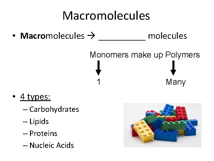 Macromolecules • Macromolecules _____ molecules Monomers make up Polymers 1 • 4 types: –