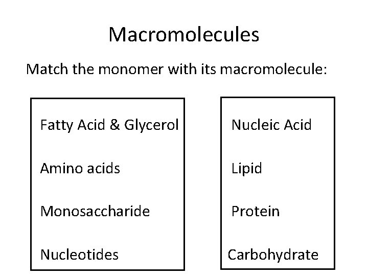 Macromolecules Match the monomer with its macromolecule: Fatty Acid & Glycerol Nucleic Acid Amino