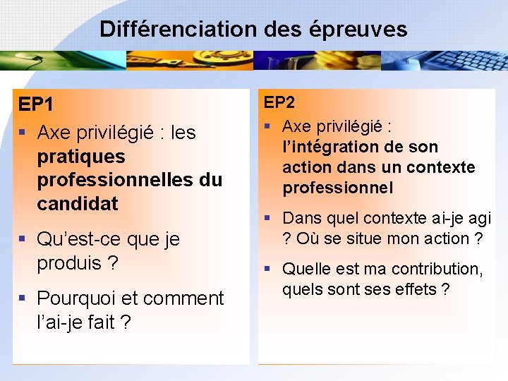 Différenciation des épreuves EP 1 § Axe privilégié : les pratiques professionnelles du candidat